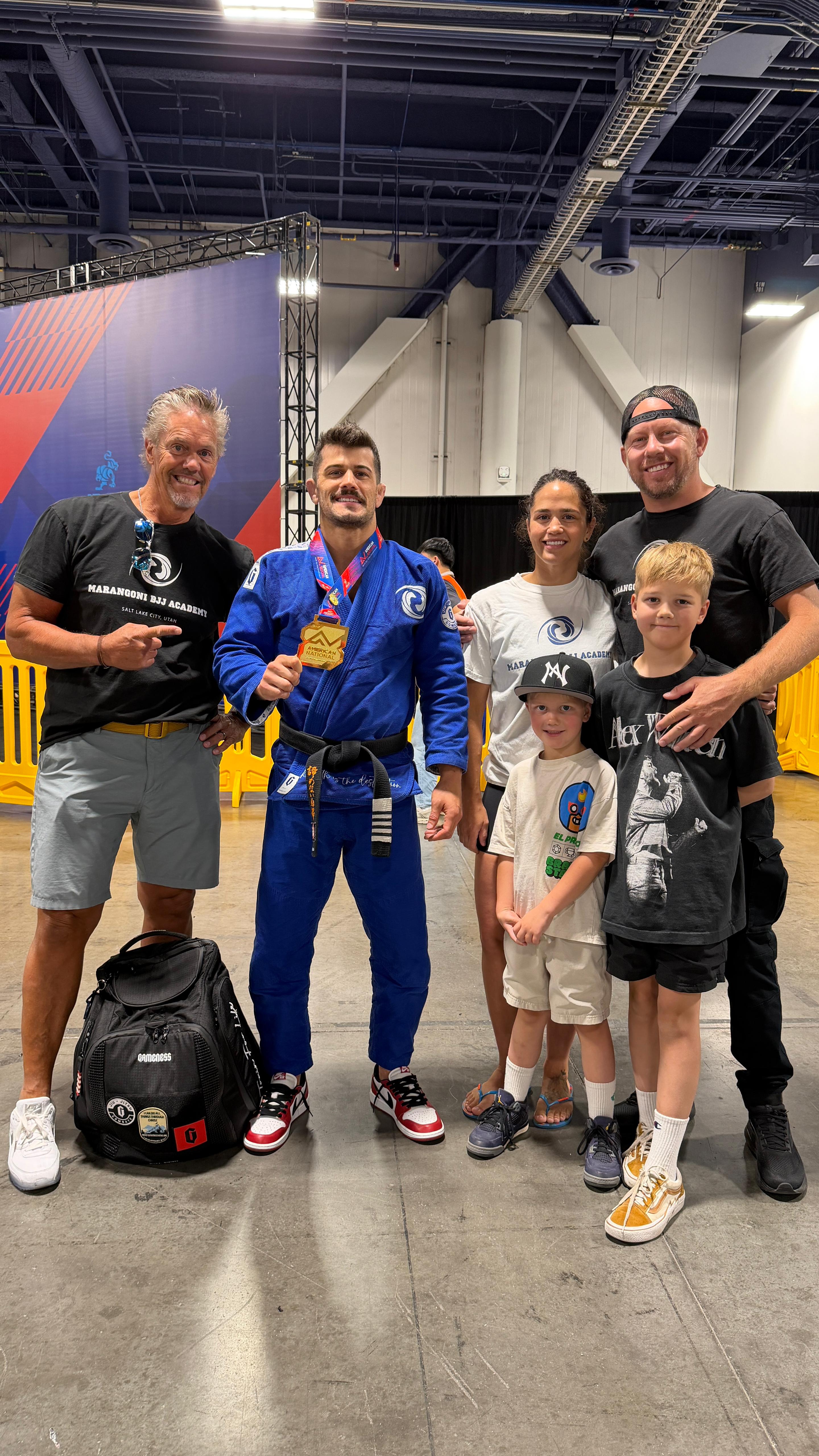 Professor Gabriel Marangoni with the Marangoni BJJ family after winning the 2026 American Nationals
